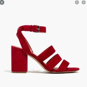 MADEWELL Red crimson triple-strap block heel sandal. Size 8.